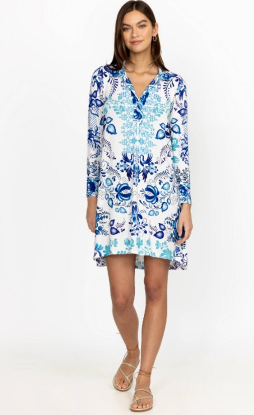 Johnny Was Farrow Polo Swing Dress, Floral Print, Blue & White, Size S